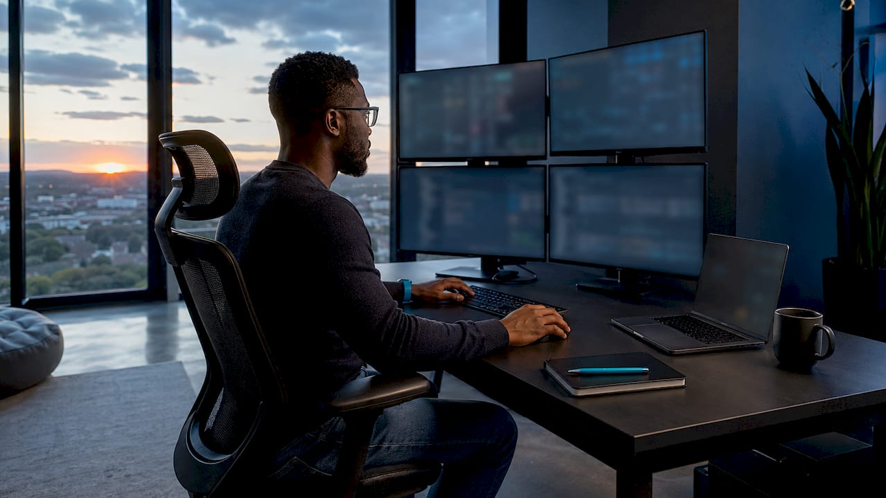 Hands typing on a multi-screen Kubernetes cluster analysis setup