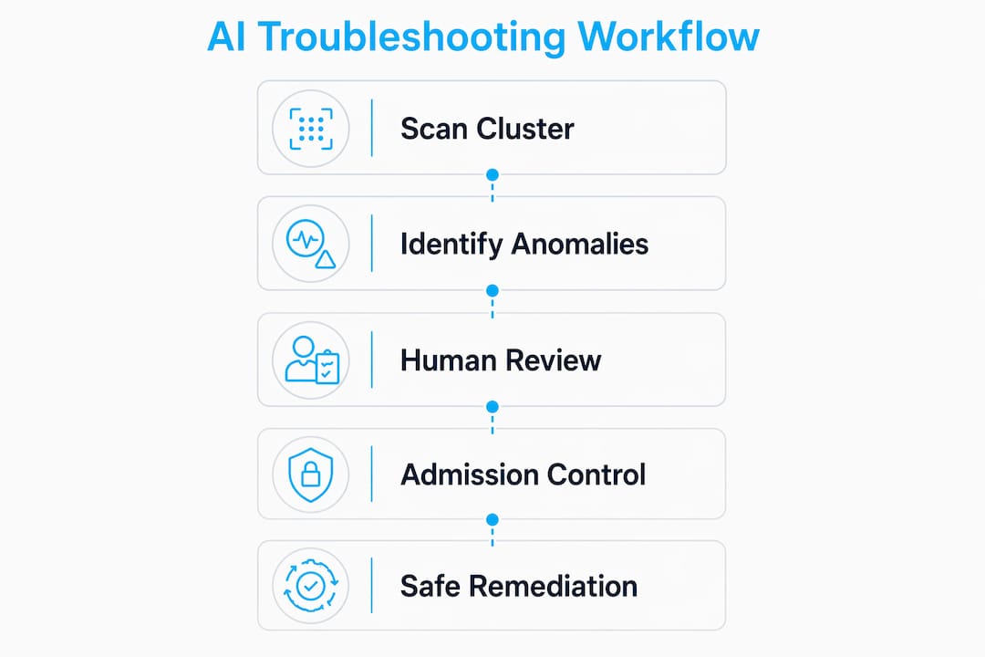 Infographic showing steps in an AI Kubernetes troubleshooting workflow