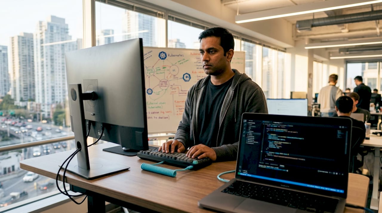DevOps engineer troubleshooting a Kubernetes cluster at a desk