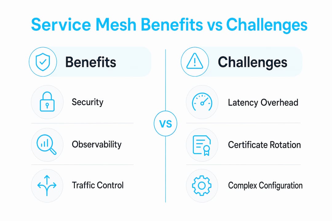 Infographic comparing service mesh benefits and challenges